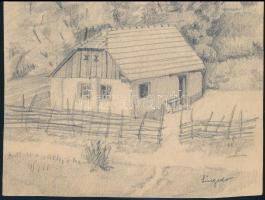 Lingner György (?-?), működött a XX. sz. elején.közepén: Falusi ház. Ceruza, papír, jelzett, lapszél...