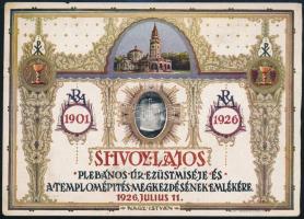 1926 Shvoy Lajos (1879- 1968) katolikus pap, a Regnum Marianum első, templomépítő plébánosa, későbbi székesfehérvári püspök emléklapja ezüstmiséje alkalmából, ofszetnyomat, papír, bal felső sarkában törésnyommal, 11x15,5 cm