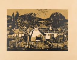 Csavlek András (1942-): Bakonyi falu. Színes linómetszet, papír, jelzett, 20×29,5 cm