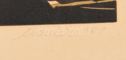 Csavlek András (1942-): Bakonyi falu. Színes linómetszet, papír, jelzett, 20×29,5 cm