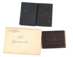 1957 Gyula, Kisiparosok Országos Szervezete 2 db tagsági könyve, bélyegekkel + Kisipari Szövetkezeti Kölcsönös Biztosító Intézet önkéntes biztosítási igazolvány (fényképes), mindhárom Barát István műkő- és betonárukészítő mester részére + 1970 3 db MÁV vasúti fuvarlevél