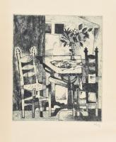 Túry Mária (1930-1992): Csendélet (enteriőr). Rézkarc, papír. Jelzett. 29×25 cm