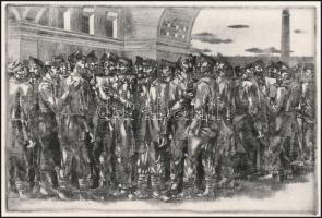 Gacs Gábor (1930-2019): Oroszországi magyar hadifoglyok Lenin békedekrétumát olvassák. Rézkarc, papí...