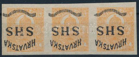 SHS 1918 Hírlapbélyeg hármascsík fordított felülnyomással / Mi 57 stripe of 3 with inverted overprint. Signed: Bodor