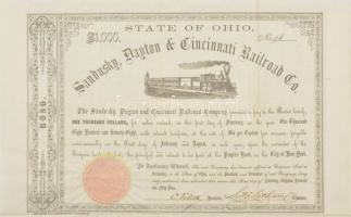 Amerikai Egyesült Államok / Ohio 1859. Sandusky, Dayton & Cincinnati Vasút Társaság 6%-os kötvénye 1000$-ról, szárazpecséttel, szelvényekkel, tanúsítvánnyal T:III felül kétoldalú ragasztóval enyhén kartonra rögzítve / USA / Ohio 1859. Sandusky, Dayton & Cincinnati Railroad Co. 6% bond about 1000 Dollars, with embossed stamp and coupons, with certificate C:F slightly attached to cardboard with double-sided adhesive on the upper edge