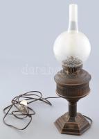 Régi petróleum lámpa elektromossá átalakítva üveg búrákkal, egyik búra repedt, 50 cm