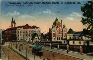 1924 Temesvár, Timisoara; Fabrica. Bulev. Regina Maria cu sinagoga isr. / Gyárváros. Liget út, Izraelita templom, zsinagóga, villamos / street view, synagogue, tram (EK)