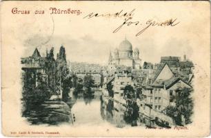 1897 (Vorläufer!) Nürnberg, Nuremberg; Partie an der Pegnitz / synagogue / zsinagóga (small tear)