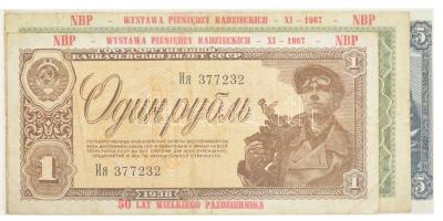 Szovjetunió / Lengyelország 1938. 1R + 3R+ 5R mindhárom bankjegy lengyel NBP Wystawa Pieniedzy Radzieckich (Szovjet Pénzkiállítás) felülbélyegzéssel, az NBP (Lengyel Nemzeti Bank) Az októberi nagy szocialista forradalom 50. évfordulója feliratú mappájában T:III /  Soviet Union / Poland 1938. 1 Ruble + 3 Rubles + 5 Rubles all banknotes with NBP Wystawa Pieniedzy Radzieckich (Soviet Money Exhibition) overprint in The 50th Anniversary of the Great October Socialist Revolution case issued by the National Bank of Poland C:F