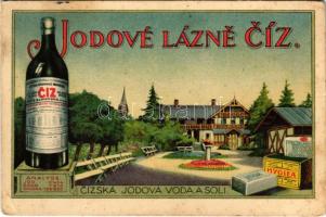 1946 Csíz, Csízfürdő, Kúpele Cíz; Jodové Lázne Cíz, Cízská Jodová Voda a Soli / Csízi Jód-bróm-fürdő, forrásvíz és só reklámlap / Iodine-bromine spa advertisement (EB)