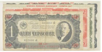 Szovjetunió / Lengyelország 1937. 1Ch + 3Ch+ 5Ch + 10Ch mind a négy bankjegy lengyel NBP Wystawa Pieniedzy Radzieckich (Szovjet Pénzkiállítás) felülbélyegzéssel, az NBP (Lengyel Nemzeti Bank) Az októberi nagy szocialista forradalom 50. évfordulója feliratú mappájában T:II-III /  Soviet Union / Poland 1937. 1 Chervonetz + 3 Chervontsev + 5 Chervontsev + 10 Chervontsev all banknotes with NBP Wystawa Pieniedzy Radzieckich (Soviet Money Exhibition) overprint in The 50th Anniversary of the Great October Socialist Revolution case issued by the National Bank of Poland C:XF-F