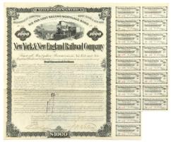 Amerikai Egyesült Államok 1882. "New York & New England Vasút Társaság" 6%-os kötvénye 1000$-ról, szárazpecséttel, részben lyukasztásokkal érvénytelenített szelvényekkel, tanúsítvánnyal T:III felül kétoldalú ragasztóval kartonra rögzítve / USA 1882. "New York & New England Railroad Company" 6% bond about 1000 Dollars, with embossed stamp, with partially cancelled coupons, with certificate C:F attached to cardboard with double-sided adhesive on the upper edge