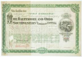Amerikai Egyesült Államok ~1890. Baltimore és Ohio Délnyugati Vasút Társaság elismervénye 10db részvényről, lyukasztásokkal érvénytelenítve, tanúsítvánnyal T:II- / USA ~1890. Baltimore and Ohio Southwestern Railroad Company certificate about 10 shares, cancelled by holes C:VF