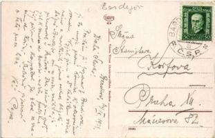 1929 Bártfa, Bardiov, Bardejov; Hlavná Basta / Hauptbastei / Főbástya, vendéglő, fahíd, mosóasszonyo...