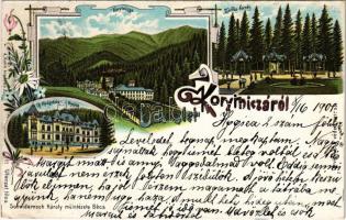 1901 Koritnyica, Korytnica; Zsófia forrás, Új gyógyház Hygiea / spring source, spa, bath, villa. Schwidernoch Károly Art Nouveau, floral, litho (EK)