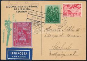 1938 Légi levelezőlaplevélzáróval és többféle bélyegzéssel / Airmail postcard