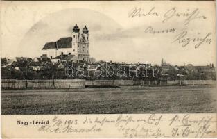 1913 Nagylévárd, Nagy-Lévárd, Velké Leváre; látkép, templom. Malaczkai könyvnyomda kiadása / general view with church (EK)