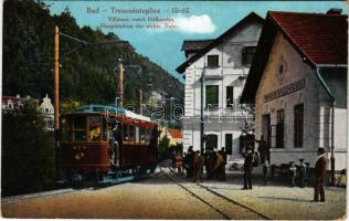 1916 Trencsénteplic, Trencianske Teplice; Villamos vasút főállomása. Kiadja Wertheim Zsigmond / Hauptstation der elektrischen Bahn / tram station, tramways, railway station (EK)