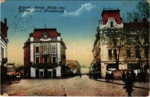 1916 Belgrád, Belgrade, Beograd; Herceg Mihály utca, bank / Fürst Michaelstraße / street view, bank (worn corners)