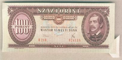 1975. 100Ft jobb alsó sarkon ívbehajlási hiba miatti vágáshiba, ívszéles többlettel T:II+