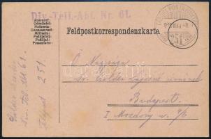 1916 Tábori posta levelezőlap "Div. Telf. Abt. Nr. 61." + "TP 251", 1916 Field postcard "Div. Telf. Abt. Nr. 61." + "TP 251"