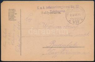 1918 Tábori posta levelezőlap "K.u.k. Infanterieregiment No.32. Telefonzug" + "TP 648 A", 1918 Field postcard "K.u.k. Infanterieregiment No.32. Telefonzug" + "TP 648 A"