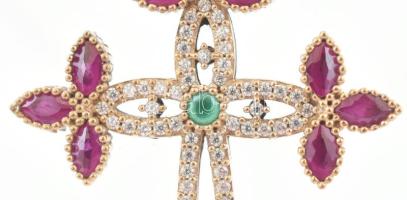 Ezüst(Ag) nyaklánc szintetikus rubinnal díszített kereszt medállal, jelzett, h: 44 cm, bruttó: 22,2 ...