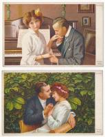 2 db RÉGI motívum képeslap: szerelmes pár (Arno v. Riesen szignóval) / 2 pre-1945 motive postcards: couples in love art postcards (signed by Arno v. Riesen)