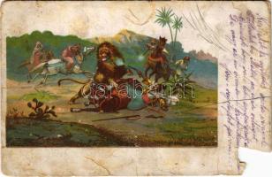 1902 Hunting art postcard, lion hunters. litho (b)