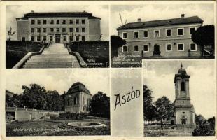1936 Aszód, Petőfi reálgimnázium, a reálgimnázium internátusa a Petőfi emléktáblával, Evangélikus leánynevelő intézet, Evangélikus templom. Löwy Andor kiadása (EK)