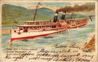 1903 Deák Ferencz (később Dunagyöngye) gőz. kerekes személyhajó (termes gőzös) a Vaskapu csatornán / Hungarian passenger steamship at Portile de Fier. litho s: Heyer (r)