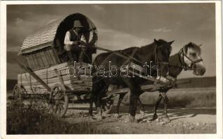 Csíkmadaras, Madaras; Deszkás kóboros szekér, erdélyi folklór. Andory Aladics Zoltán felvétele / Transylvanian folklore, horse carriage