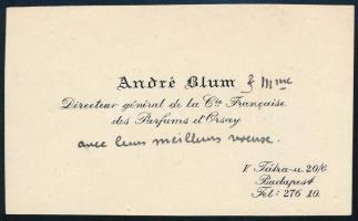 cca 1890-1910 André Blum, a Compagnie Francaise des Parfums dOrsay francia parfümgyártó vállalat budapesti igazgatójának névjegykártyája, autográf üdvözlő sorával / André Blum French perfume company directors business card, with autograph notes