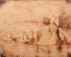 Felföldi jelzéssel: Kacsa család. Égetett fa kép. 30x24 cm