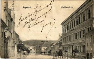 1906 Segesvár, Schässburg, Sighisoara; Kórház utca, Evangélikus iskola. Zeidner H. kiadása / street view, Lutheran school (lyuk / pinhole)
