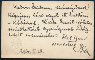 1912 Hets Béla m. kir. honvéd alezredes, hadbíró dombornyomott címeres névjegykártyája, hátoldalán s...