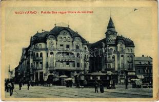 1913 Nagyvárad, Oradea; Fekete Sas nagyszálloda és kávéház, villamos, piac, üzletek / hotel and café, tram, market, shops (EB)