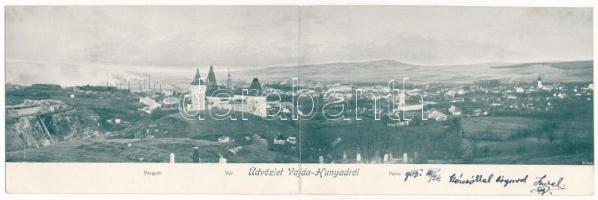1900 Vajdahunyad, Hunedoara; vasgyár, vár, város. 2-részes kihajtható panorámalap / ironworks, iron factory, castle, town. 2-tiled folding panoramacard