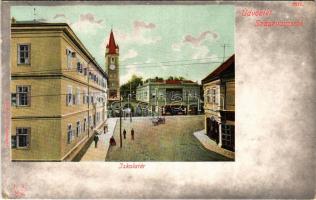 Szászváros, Broos, Orastie; Schulplatz / Iskola tér, gyógyszertár. H. Graef kiadása / street view, pharmacy (EK)