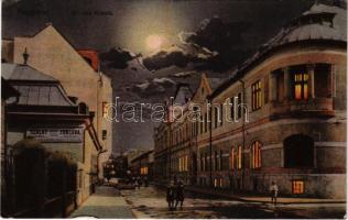 1914 Nagyvárad, Oradea; Úri utca este, Főposta, Szalay Stefánia zongora iskolája / street view at night, post office, piano school + "BUDAPEST - KOLOZSVÁR 16 C" vasúti mozgóposta bélyegző (EK)