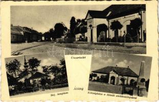 1942 Átány, Református templom, Községház, Hősök emlékoszlopa, utca részlet. Hangya szövetkezet kiadása (EK)