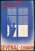 1935 Jó éjszakát..., Chinoin Sevenal gyógyszerreklám, nagyméretű levelezőlap, art deco grafikával illusztrálva, postázva, 19x13 cm