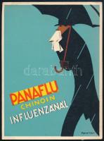 1939 Panaflu Chinoin influenzánál, Chinoin gyógyszerreklám, nagyméretű levelezőlap, Pólya Tibor art deco grafikájával illusztrálva, postázva, 17,5x13 cm