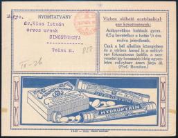 1927 Kalmopyrin, Hydropyrin, Neohydropyrin..., Richter Gedeon Vegyészeti Gyár Rt. Bp. szecessziós, illusztrált reklám levelezőlapja, postázva, 16x12,5 cm