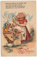 1901 Prosit Neujahr / Konyhamalac. Újévi üdvözlet / Food waste grinder pig lady. New Year greeting. litho (fa)