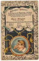 1900 Aufnahms-Urkunde! Ehren-Mitglied in den Verein für Erhlatung vaterländischer Kunstbauten / Felvételi bizonyítvány! humor / Art Nouveau German admission certificate humour, litho (fa)