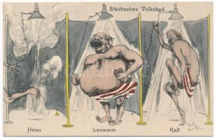Städtisches Volksbad - Heiss, Lauwarm, Kalt / A népfürdőben, humor / Bathing in the spa. B.K.W.I. 349-1. s: Rud. Kristen