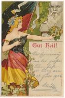 Gut Heil! Ed. Strache Turnerkarte No. 4. / Német tornaegylet szecessziós képeslapja zászlóval / German gymnastics club and flag. Art Nouveau litho (EK)