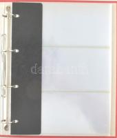 Piros négygyűrűs album 19db hármas osztású berakólappal. Használt, jó állapotban