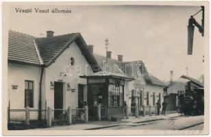 1934 Vésztő, Vasútállomás, vonat, gőzmozdony. photo + GYOMA - KÖTEGYÁN - BÉKÉSCSABA 163 vasúti mozgóposta bélyegző